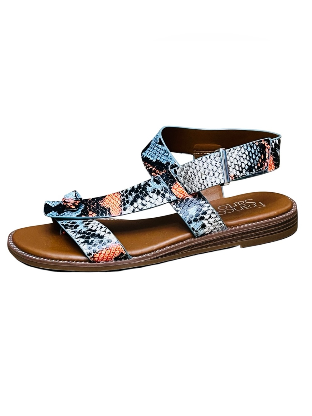 Franco Sarto Glenni Sandals Womens 6.5 M Snake Print Ankle Strap Toe-Post Flat